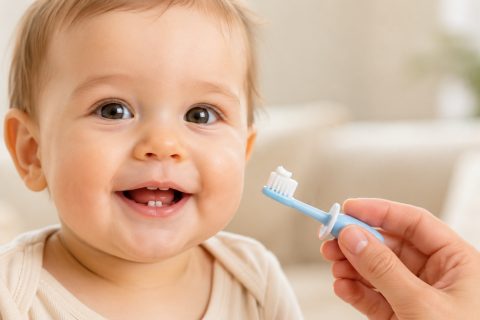 Lächelndes Baby mit ersten Zähnen, davor eine Hand mit einer Zahnbürste