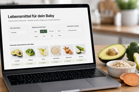 Laptop-Bildschirm mit dem Lebensmittel-Tool, davor Gemüse und Obst auf dem Tisch