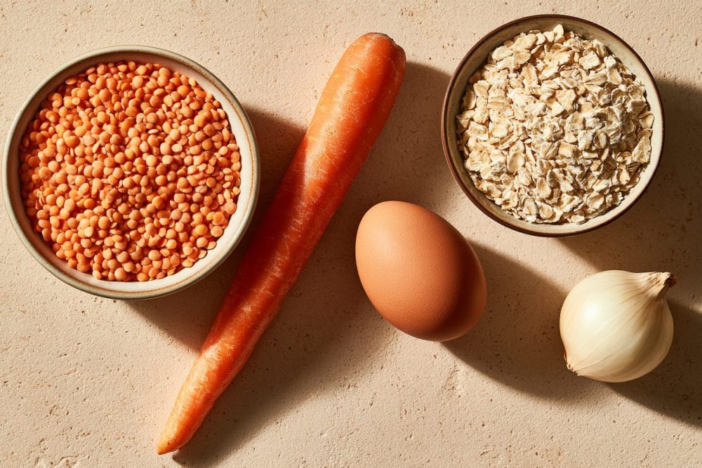 Rote Linsen, Möhre, Haferflocken, Ei und Zwiebel nebeneinander
